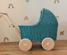 Load image into Gallery viewer, WICKER PRAM | doll pram | wicker doll pram UK |baby doll pram | pram toy | wooden pram | baby pram | wicker dolls pram | doll stroller |aqua
