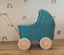 Load image into Gallery viewer, WICKER PRAM | doll pram | wicker doll pram UK |baby doll pram | pram toy | wooden pram | baby pram | wicker dolls pram | doll stroller |aqua
