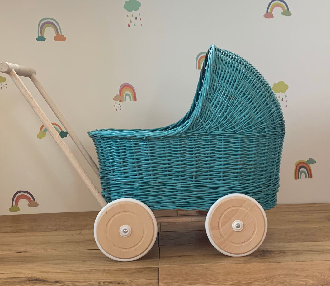 WICKER PRAM | doll pram | wicker doll pram UK |baby doll pram | pram toy | wooden pram | baby pram | wicker dolls pram | doll stroller |aqua