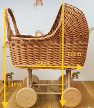 Load image into Gallery viewer, Tall WICKER PRAM | doll pram | wicker doll pram UK |baby doll pram | pram toy | wooden pram | baby pram | wicker dolls pram | light green
