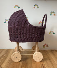 Load image into Gallery viewer, tall WICKER PRAM | doll pram | wicker doll pram UK |baby doll pram | pram toy | wooden pram | baby pram | wicker dolls pram | dark purple
