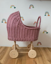 Load image into Gallery viewer, tall WICKER PRAM | doll pram | wicker doll pram UK |baby doll pram | pram toy | wooden pram | baby pram | wicker dolls pram | light purple
