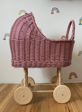 Load image into Gallery viewer, tall WICKER PRAM | doll pram | wicker doll pram UK |baby doll pram | pram toy | wooden pram | baby pram | wicker dolls pram | light purple
