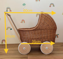 Load image into Gallery viewer, Wicker pram with light pink pompoms &amp; bedding included, doll pram, baby doll pram, pram toy, wooden pram, wicker dolls pram, WHITE
