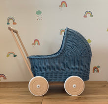 Load image into Gallery viewer, WICKER PRAM doll pram wicker doll pram UK baby doll pram pram toy | wooden pram | baby pram | wicker dolls pram | 1st bday gift dark blue
