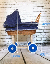 Load image into Gallery viewer, Wicker doll pram, dusky pink with polka dots,  bedding included. Handmade.
