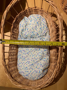 Luxury white dolls cradle, wicker crib with bedding included, dolls wicker rocker, dolls cradle, doll mosses basket, Light blue bedding