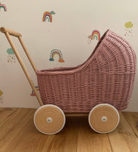 Load image into Gallery viewer, WICKER PRAM | doll pram wicker doll pram UK baby doll pram | pram toy wooden pram baby pram wicker dolls pram 1st bday gift light purple
