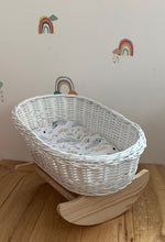 Load image into Gallery viewer, White dolls cradle crib | bedding of your choice included | dolls wicker rocker | dolls cradle, doll mosses basket, handmade.
