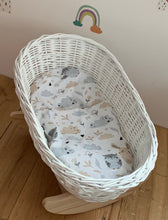 Load image into Gallery viewer, White dolls cradle crib | bedding of your choice included | dolls wicker rocker | dolls cradle, doll mosses basket, handmade.
