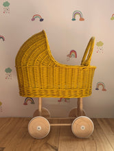 Load image into Gallery viewer, Tall WICKER PRAM | doll pram | wicker doll pram UK |baby doll pram | pram toy | wooden pram | baby pram | wicker dolls pram | mustard
