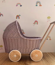 Load image into Gallery viewer, WICKER PRAM doll pram | wicker doll pram UK |baby doll pram | pram toy wooden pram | baby pram wicker dolls pram 1st bday gift pale purple
