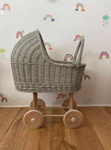 Load image into Gallery viewer, tall WICKER PRAM | doll pram | wicker doll pram UK |baby doll pram | pram toy | wooden pram | baby pram | wicker dolls pram | light grey
