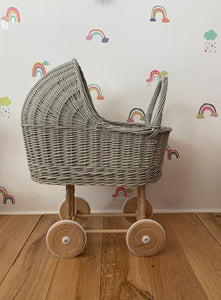 tall WICKER PRAM | doll pram | wicker doll pram UK |baby doll pram | pram toy | wooden pram | baby pram | wicker dolls pram | light grey