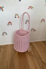 Load image into Gallery viewer, Light pink wicker pull basket on wheels for kids size S
