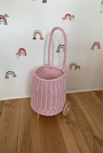 Light pink wicker pull basket on wheels for kids size S