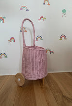 Load image into Gallery viewer, Light pink wicker pull basket on wheels for kids size S
