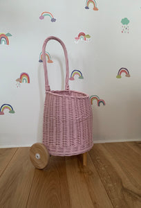 Light pink wicker pull basket on wheels for kids size S