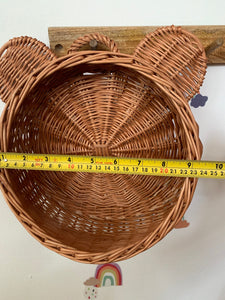 Light grey, hanging wicker basket, basket with with ears, teddy hanging basket, wall basket, kids room basket, wicker basket,