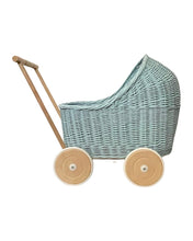 Load image into Gallery viewer, WICKER PRAM | doll pram | wicker doll pram UK |baby doll pram | pram toy | wooden pram | baby pram | wicker dolls pram | light blue
