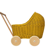 Load image into Gallery viewer, WICKER PRAM | doll pram | wicker doll pram UK |baby doll pram | pram toy | wooden pram | baby pram | wicker dolls pram 1st bday gift mustard
