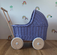 Load image into Gallery viewer, WICKER PRAM | doll pram | wicker doll pram UK |baby doll pram | pram toy | wooden pram | baby pram | 1st bday gift wicker dolls pram | lilac
