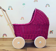 Load image into Gallery viewer, WICKER PRAM | doll pram | wicker doll pram UK |baby doll pram | pram toy | wooden pram | baby pram | wicker dolls pram | raspberries
