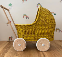 Load image into Gallery viewer, WICKER PRAM | doll pram | wicker doll pram UK |baby doll pram | pram toy | wooden pram | baby pram | wicker dolls pram 1st bday gift mustard
