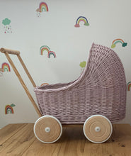 Load image into Gallery viewer, WICKER PRAM doll pram | wicker doll pram UK |baby doll pram | pram toy | wooden pram | baby pram | wicker dolls pram 1st bday gift pale pink
