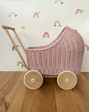 Load image into Gallery viewer, WICKER PRAM doll pram | wicker doll pram UK |baby doll pram | pram toy | wooden pram baby pram | wicker dolls pram 1st bday gift light pink
