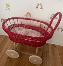 Load image into Gallery viewer, simple WICKER PRAM | doll pram | wicker doll pram UK |baby doll pram | pram toy | wooden pram | baby pram | wicker dolls pram | red
