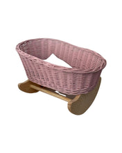 Load image into Gallery viewer, LIGHT PINK  dolls cradle crib . Handmade of organic wicker. dolls mosses basket, doll cradle, doll bed. doll cot
