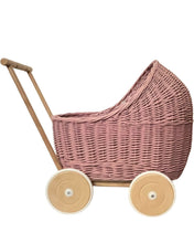 Load image into Gallery viewer, WICKER PRAM | doll pram wicker doll pram UK baby doll pram | pram toy wooden pram baby pram wicker dolls pram 1st bday gift light purple
