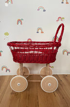 Load image into Gallery viewer, simple WICKER PRAM | doll pram | wicker doll pram UK |baby doll pram | pram toy | wooden pram | baby pram | wicker dolls pram | red
