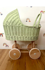 Tall WICKER PRAM | doll pram | wicker doll pram UK |baby doll pram | pram toy | wooden pram | baby pram | wicker dolls pram | light green