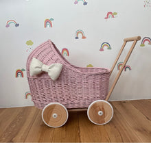 Load image into Gallery viewer, WICKER PRAM with bow | doll pram | wicker doll pram UK |baby doll pram | pram toy | wooden pram | baby pram | wicker dolls pram | light pink
