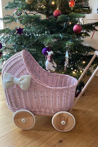 WICKER PRAM with bow | doll pram | wicker doll pram UK |baby doll pram | pram toy | wooden pram | baby pram | wicker dolls pram | light pink