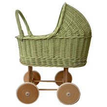 Load image into Gallery viewer, Tall WICKER PRAM | doll pram | wicker doll pram UK |baby doll pram | pram toy | wooden pram | baby pram | wicker dolls pram | light green
