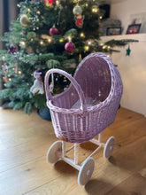 Load image into Gallery viewer, tall WICKER PRAM | doll pram | wicker doll pram UK |baby doll pram | pram toy | wooden pram | baby pram | wicker dolls pram | light purple
