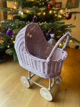 Load image into Gallery viewer, tall WICKER PRAM | doll pram | wicker doll pram UK |baby doll pram | pram toy | wooden pram | baby pram | wicker dolls pram | light purple
