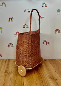 NATURAL Wicker Kids pull on trolley | Storage basket | Basket for toys | Large