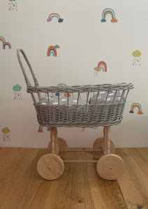 Light Grey simple wicker pram, doll pram, wicker doll pram, baby doll pram, pram toy, baby pram | wicker dolls pram, wicker stroller