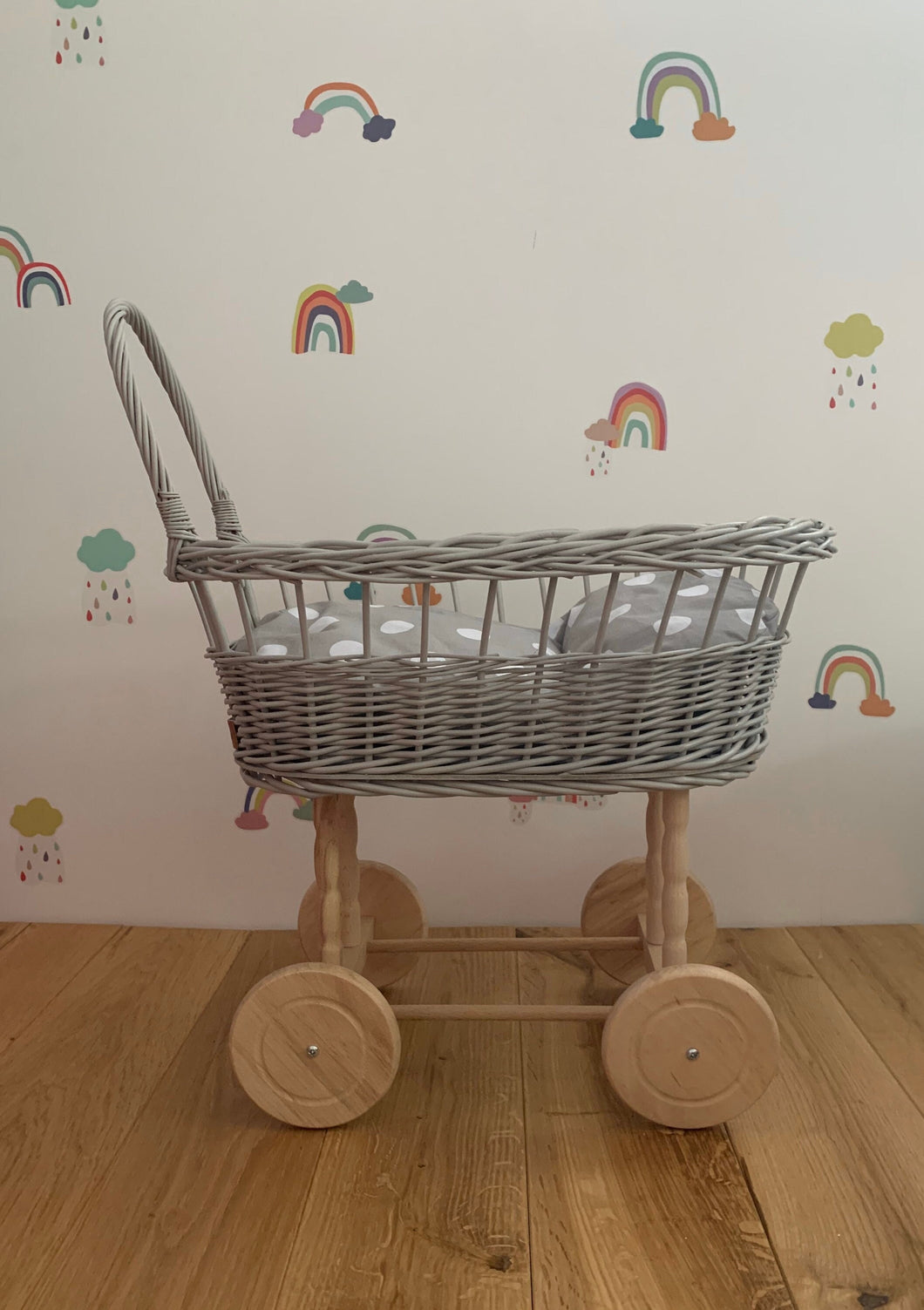 Light Grey simple wicker pram, doll pram, wicker doll pram, baby doll pram, pram toy, baby pram | wicker dolls pram, wicker stroller