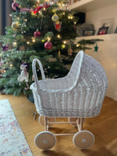 Load image into Gallery viewer, tall WICKER PRAM | doll pram | wicker doll pram UK |baby doll pram | pram toy | wooden pram | baby pram | wicker dolls pram | white
