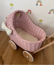 Load image into Gallery viewer, WICKER PRAM with bow | doll pram | wicker doll pram UK |baby doll pram | pram toy | wooden pram | baby pram | wicker dolls pram | light pink
