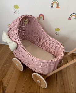 WICKER PRAM with bow | doll pram | wicker doll pram UK |baby doll pram | pram toy | wooden pram | baby pram | wicker dolls pram | light pink