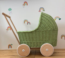 Load image into Gallery viewer, Wicker Pram, Wooden Doll Pram, Toy Pram , Buggy Stroller, 1st Birthday gift, green
