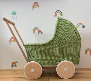 Wicker Pram, Wooden Doll Pram, Toy Pram , Buggy Stroller, 1st Birthday gift, green