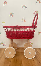 Load image into Gallery viewer, simple WICKER PRAM | doll pram | wicker doll pram UK |baby doll pram | pram toy | wooden pram | baby pram | wicker dolls pram | red
