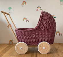 Load image into Gallery viewer, WICKER PRAM | doll pram | wicker doll pram UK |baby doll pram | pram toy | wooden pram | baby pram | wicker dolls pram | purple
